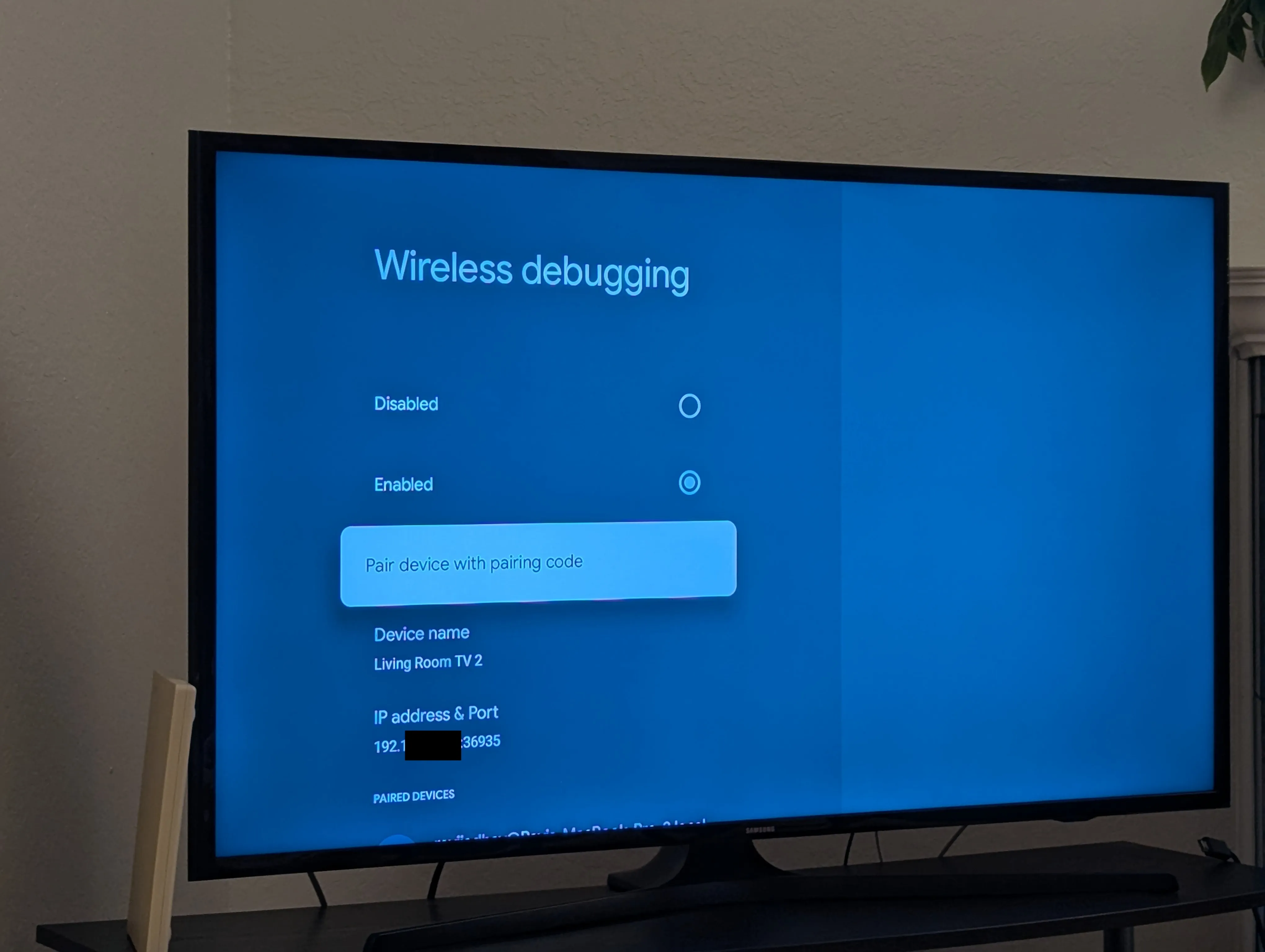 Wireless debugging settings on Chromecast